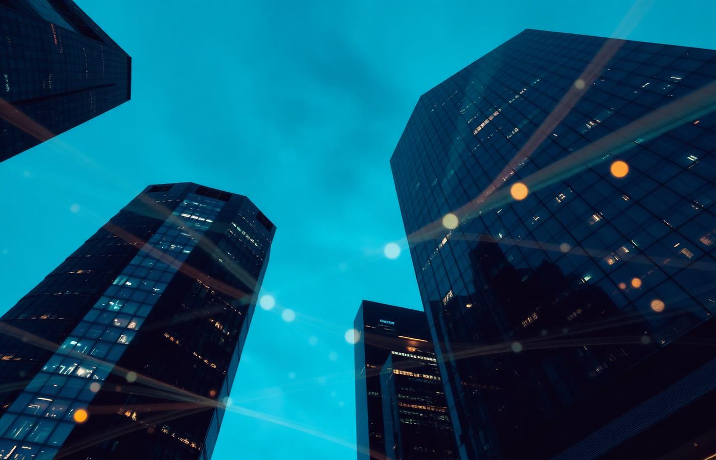 Glass office towers at dusk overlaid with an abstract network pattern representing connected business systems