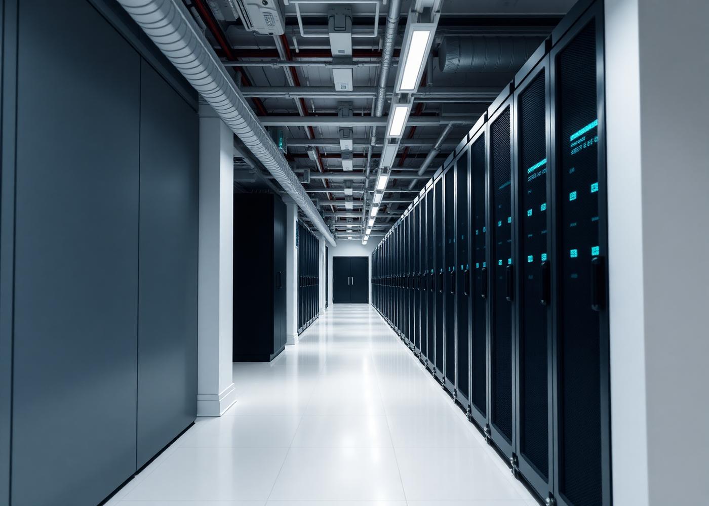 Corridor of server racks in a modern data centre with status indicator lights