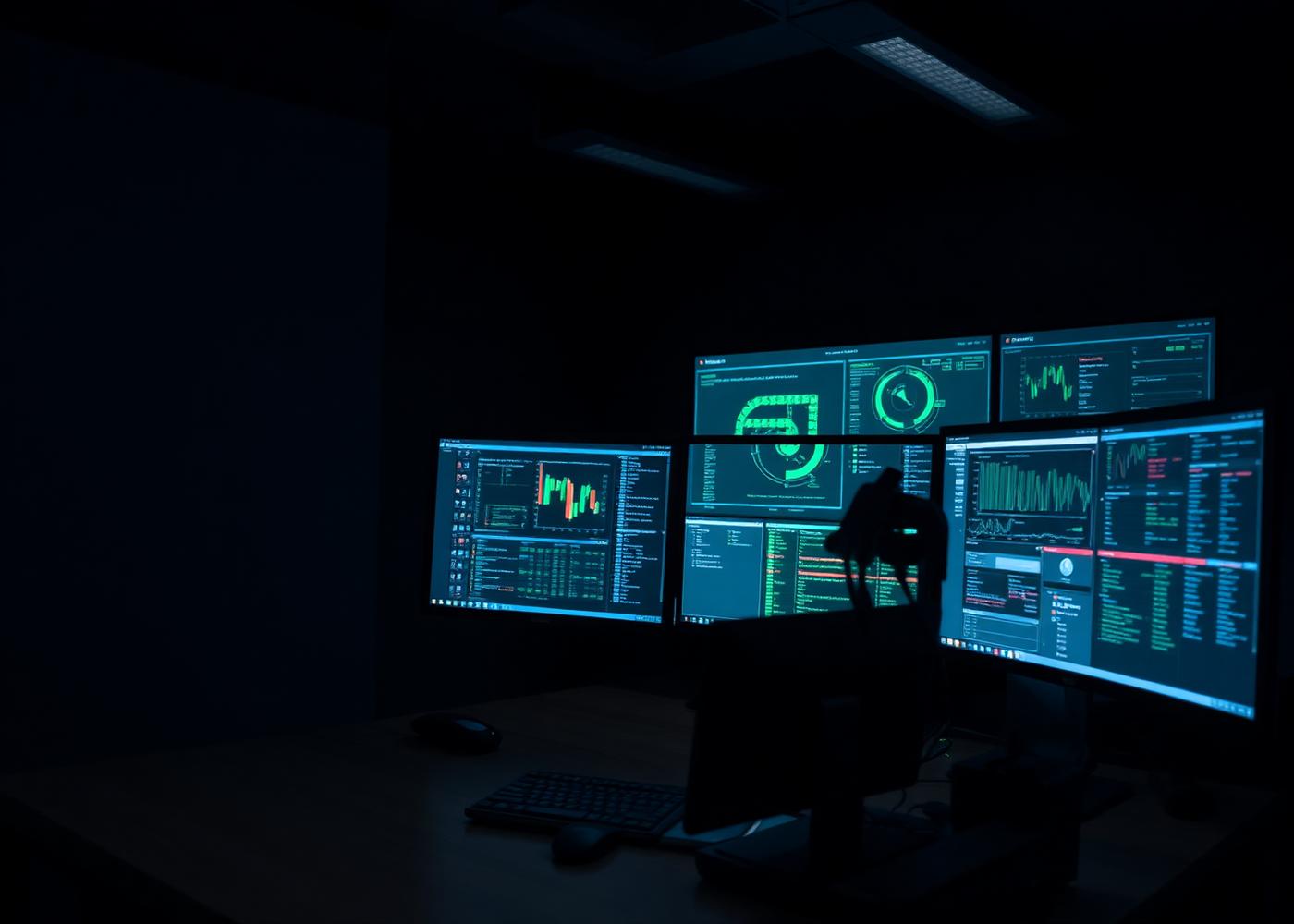 Security analyst monitoring network activity dashboards in a darkened operations room