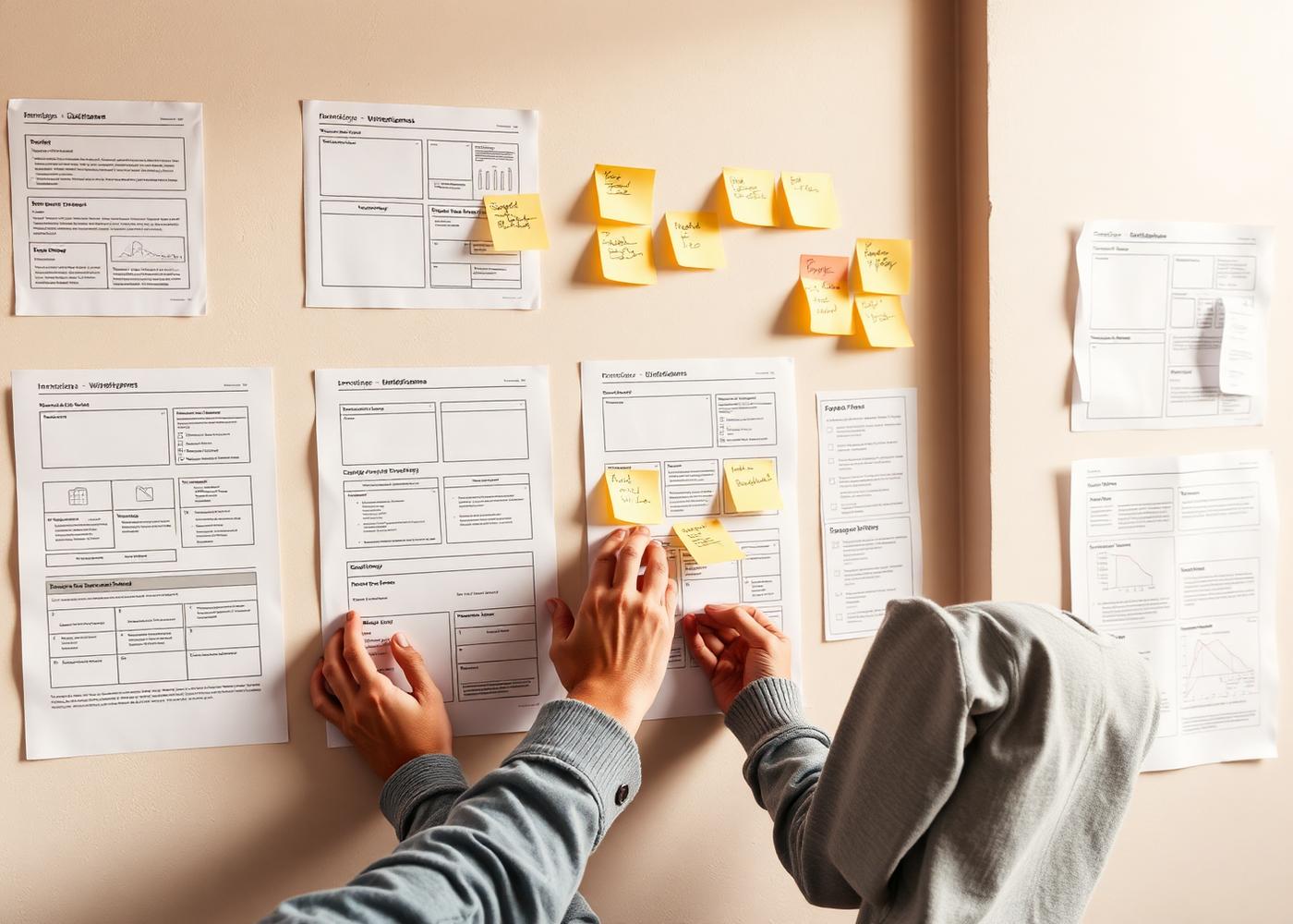 Product designers arranging printed interface wireframes and notes on a studio wall