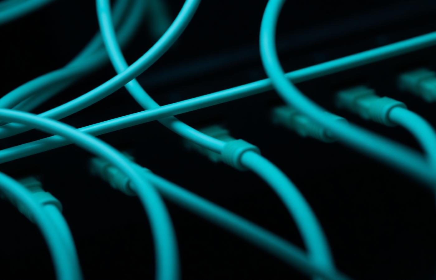 Close-up of teal network cables connected to switch ports representing integrated systems