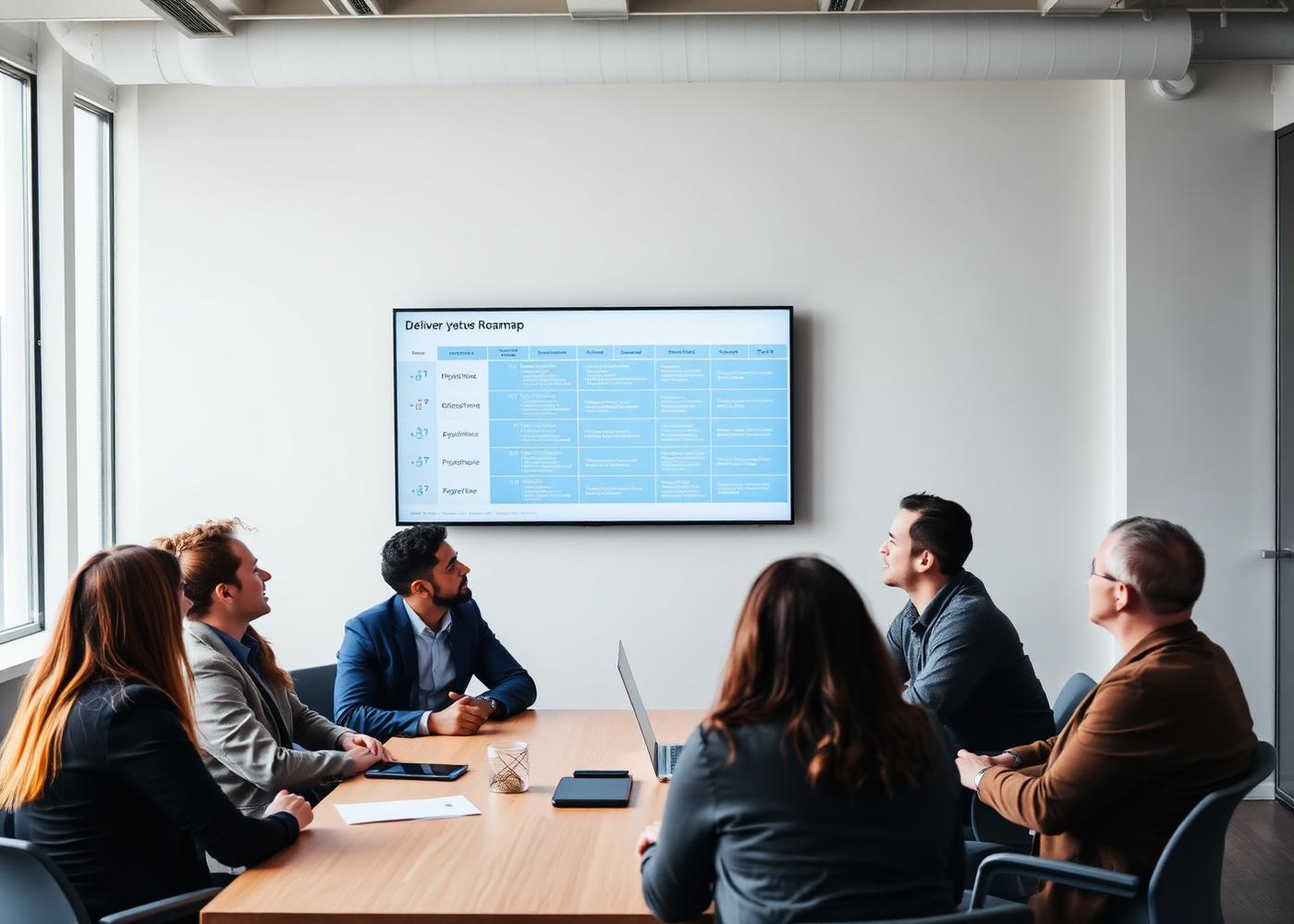 Engineering and business team reviewing a delivery roadmap on a screen in a bright meeting room